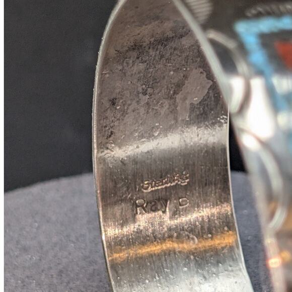 Vtg Navajo Sterling Silver Turquoise & Coral Chip Inlay Bracelet - Signed Ray B - Picture 4 of 8